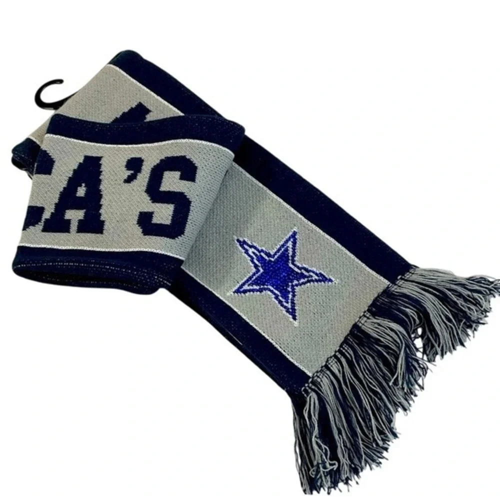 NFL‎ Dallas Cowboys Knit Scarf Navy Blue Grey Rhinestone Star Logo Fringe NEW